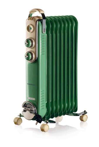 Radiador Aceite Ariete 838/04 - 2000W, 9 Elementos, 3 Ajustes Temperatura, Vintage Verde, Ruedas