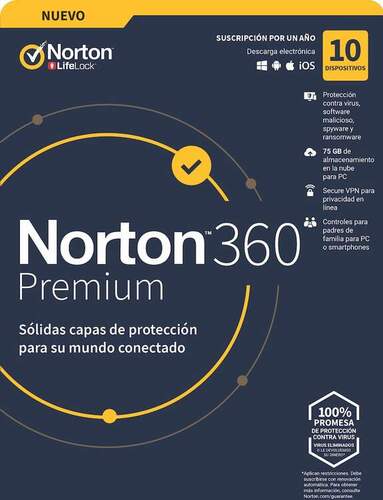 Antivirus Norton 360 Premium 10 Dispositivos 1 Año - 75GB , Windows, Mac iOS, Android
