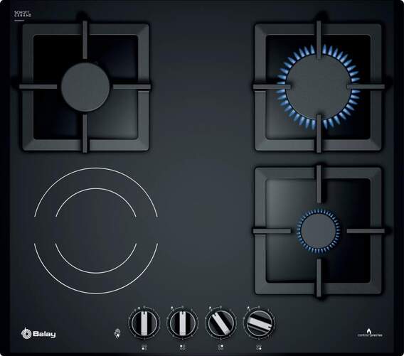 Placa Mixta Gas Vitro Balay 3ETG667HB - 4 Fuegos, 60cm, GasStop, 9 Niveles, Hierro fundido, Negra