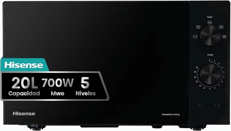 Microondas Hisense H20MOBP1 - 700W, 20 Litros, 5 Potencias, Negro