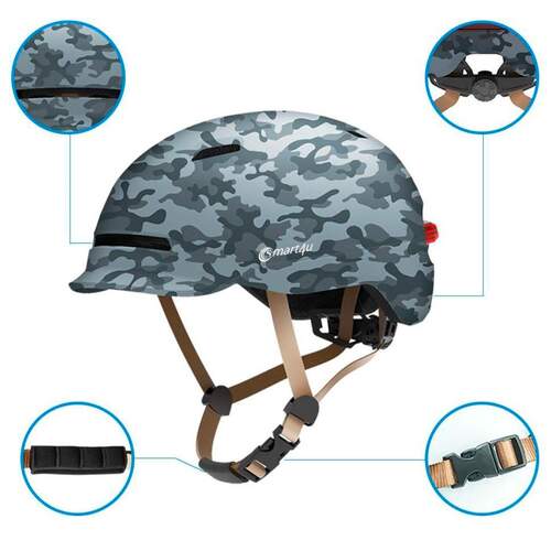Casco Smart4u Army SH50UC-MF-M - Sensor Caídas y frenada + SOS, Luz LED, IPX4, Camuflaje