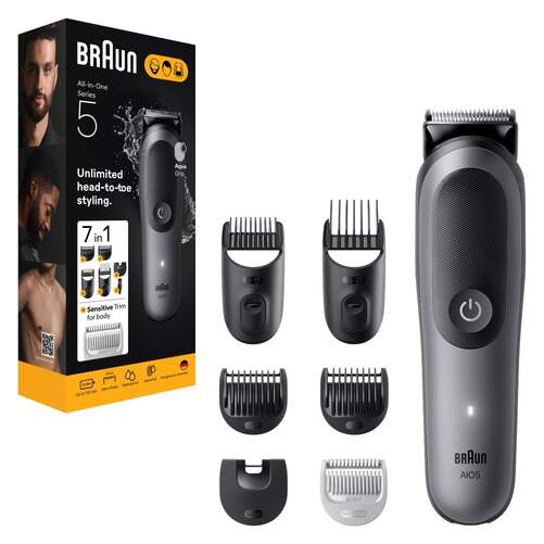 Afeitadora Corporal Braun S5 Grocery AIO5520 - Autonomía 120 min, 7 Accesorios, Negro, Gris