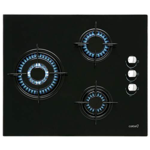 Placa Gas Natural Cata CI6021BK - 3 Fuegos, 60cm, Cristal Negro, AutoEncendido, Válvula Seguridad