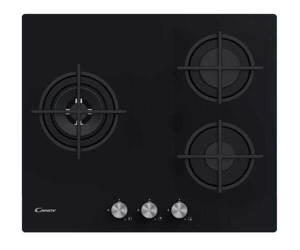 Placa Gas Candy CSG63B4PB - 3 Fuegos, Cristal Gas Natural, 56 cm, Negro