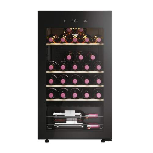 Vinoteca Haier HWS34GGH1 - Clase G, 34 Botellas, 90 L, Contra rayos UV, Negro