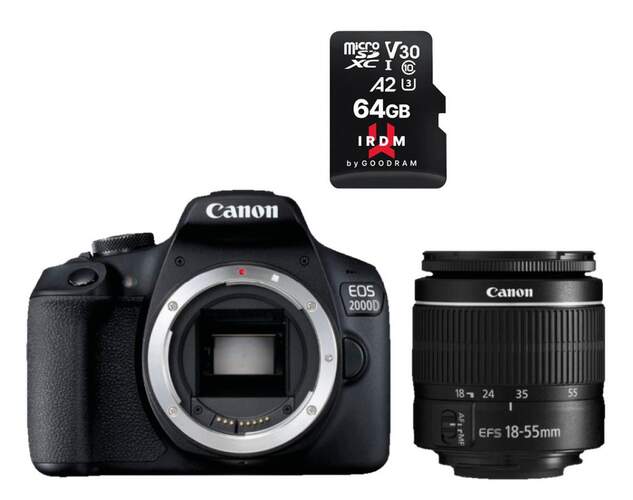 Cámara Réflex Canon EOS 2000D + Tarjeta 64GB - 24.1Mpx, ISO 100-6400, EF-S 18-55mm DC III, WiFi NFC