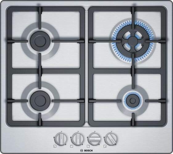 Placa Gas Bosch PGH6B5B90 - 4 Fuegos, 60cm, Gas Natural ,Quemador Wok, Autoencendido, Gas Stop, Inox