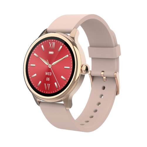 Smartwatch DCU Sophie - Esfera dorada, correa de silicona rosa, bluetooth 5.3, sensor cardíaco