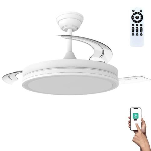 Ventilador Techo CristalRecord Night Evo - 60 W, Retr&aacute;ctiles, Temporizador, Led, App, Mando, Blanco