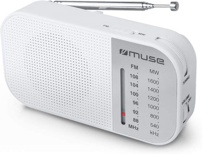 Radio portátil Muse M-025RW - Radio FM/AM, blanco, Pilas AAA, salida de auriculares