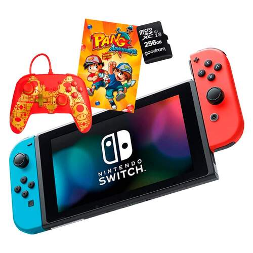 Nintendo Switch V2 Azul Rojo - Pack Juego Pang Adventures + Mando + Tarjeta Memoria 256GB