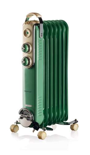 Radiador Aceite Ariete 837/04 - 1500W, 7 Elementos, 3 Ajustes Temperatura, Vintage Verde, Ruedas