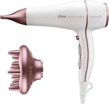 Secador Ufesa Air Glow - 2200 W, 2 Velocidades, Difusor, Rosa, Blanco