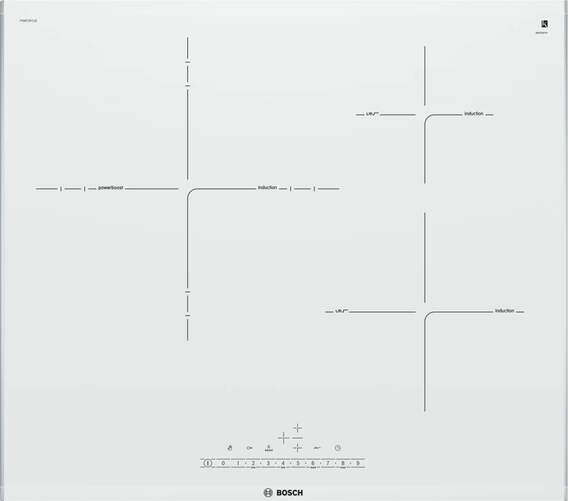 Placa inducción Bosch PID672FC1E - 60cm, 3 zonas, Zona Maxx 32cm, Control Táctil, Blanca