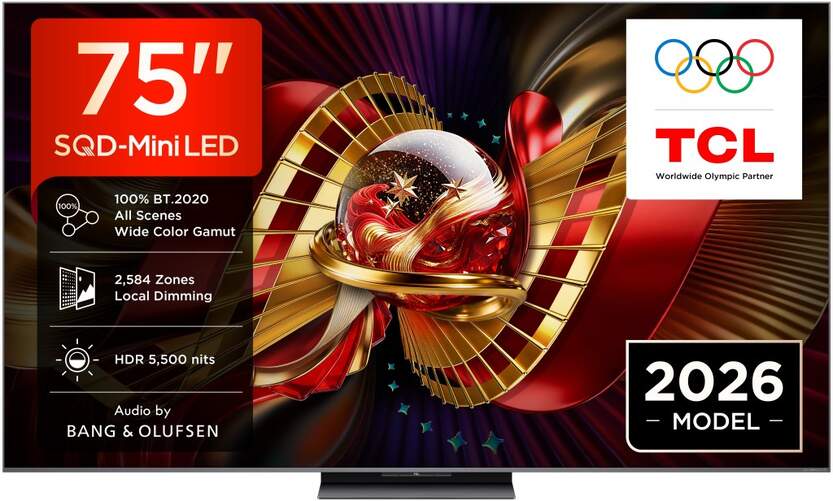 TV TCL 75" SQD MiniLED 75C8L - 4K Ultra HD, GoogleTV, 144 Hz, Bang & Olufsen 240W, HDR10