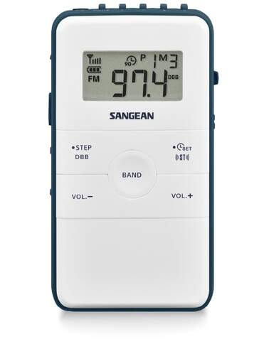 Radio bolsillo Sangean DT-140 Blanco/azul - FM/AM, reloj, auriculares, indic bater&iacute;a, micro USB