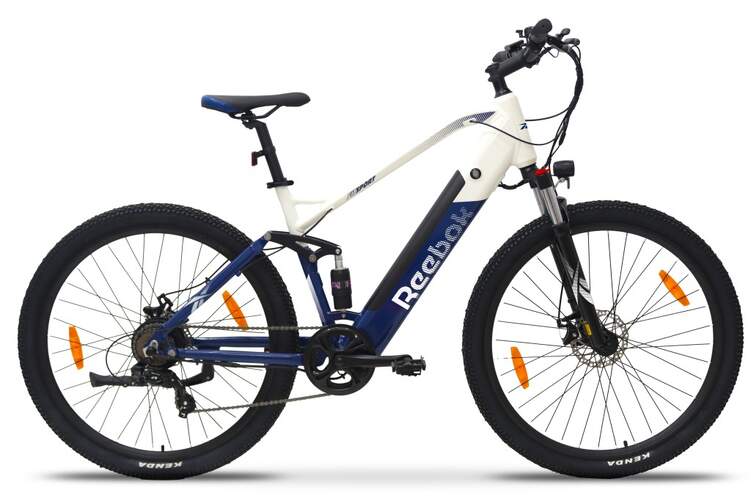 Bicicleta El&eacute;ctrica Reebok MTB 29x2.1P - Azul y blanco, autonom&iacute;a 70 km, 250 W, ruedas 29"