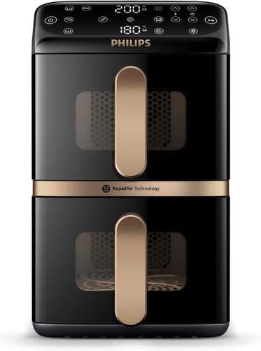 Freidora de Aire Philips NA462/70 - 2 compartimentos de 5+5 litros, 6 programas, 2750 W, Negro