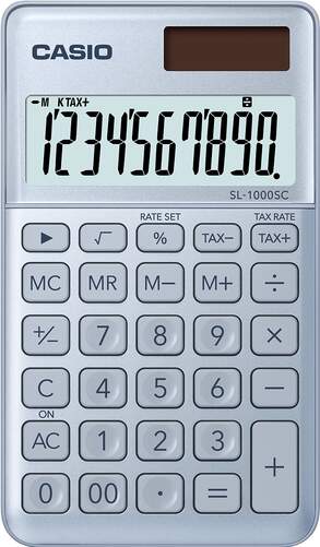Calculadora Casio SL-1000SC Azul celeste - 10 dígitos, Batería/Solar LR54, metal, cálculo impuestos