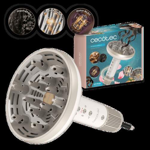 Secador Cecotec DryWave N&eacute;bula - 1300 W, Difusor XXL, 12 p&uacute;as, Mango ergon&oacute;mico, Beige