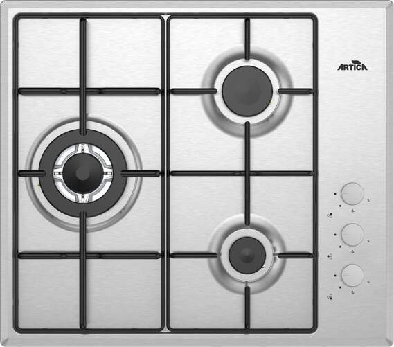 Placa de Gas Butano Artica AXG6030 - 3 Fuegos, 60cm, Termopar Seguridad, Acero Inoxidable