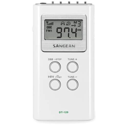 Radio bolsillo Sangean DT-120 Blanco - Radio FM/AM, reloj, 15 memorias, auriculares