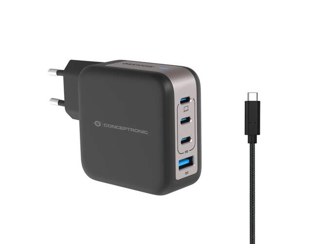 Cargador Conceptronic ALTHEA - 3 puertos USB-C y 1 USB-A, cable USB-C de 1,5m, 100W, Negro