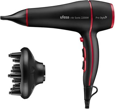 Secador Ufesa Air Sonic - 2200 W, Iones, Accesorio Difusor, Negro, Rojo