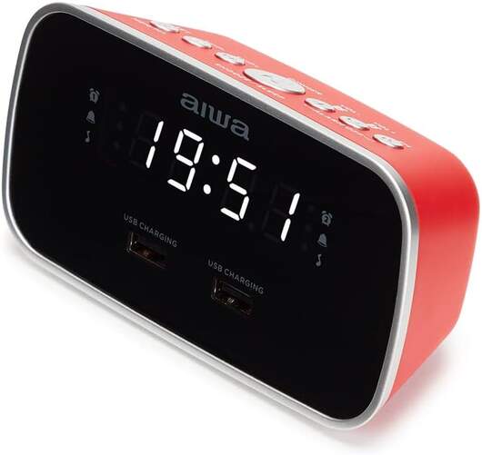 Radio Reloj Despertador AIWA Cru19rd Rojo - Display LED, Doble puerto USB, Alarma, Radio FM