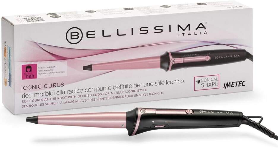 Rizador Bellisima Iconic Curls - Hasta 210&ordm; C, Cer&aacute;mico, Forma c&oacute;nica, 40 W, Negro, Rosa