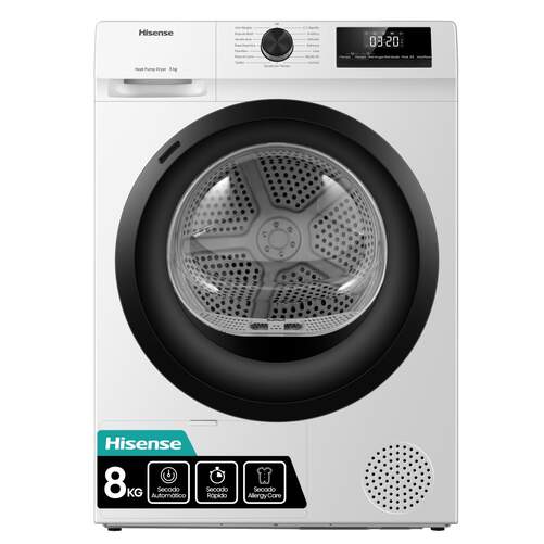 Secadora Bomba Calor Hisense DHQE800BW2 - Clase D, 8 kg, 16 Programas, Blanco
