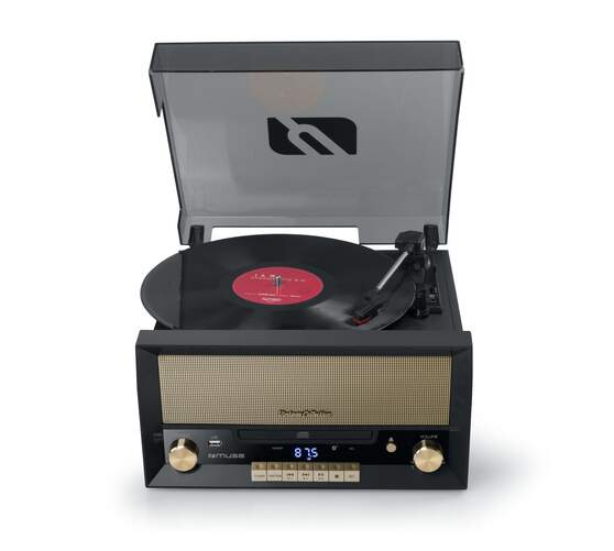 Giradiscos estéreo Muse MT-110B Negro - Bluetooth, 3 velocidades, FM, USB, CD, 2x5w, autostop