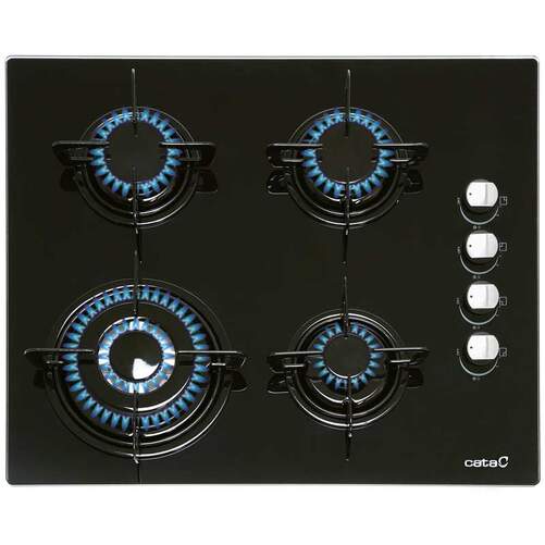 Placa Gas Cata CI 631 BK - 4 Fuegos, 60cm,  Gas Natural, V&aacute;lvula Seguridad, Cristal Negro