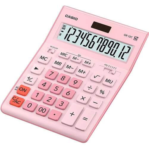Calculadora Casio GR-12 Rosa - 12+12 dígitos, Pantalla LCD, Batería + Solar