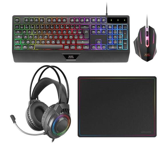 Pack 4en1 Mars Gaming MCP124PRO - Teclado H-Mech, Rat&oacute;n RGB, Auriculares diadema, Alfombrilla