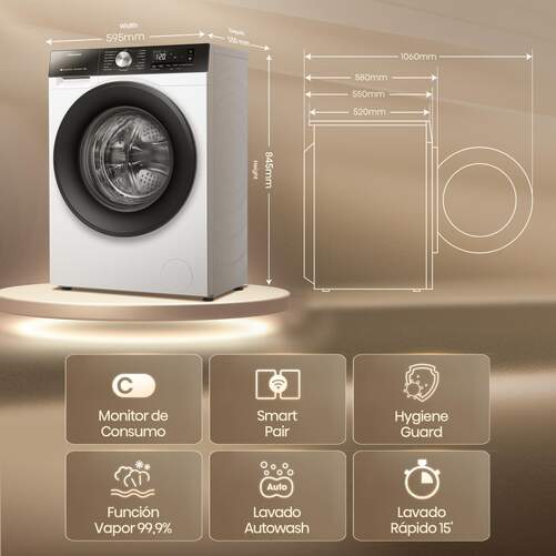 Lavadora Hisense WF3M841BWIES - Integrable, 8 kg, Clase A, 1400 rpm, Inverter, Blanco