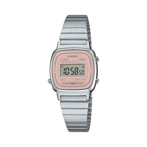 Reloj Casio Vintage LA670WEA-4A2EF - Esfera digital rosa y correa plateada, alarma y temporizador