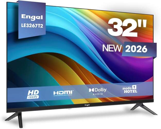 TV 32" LED Engel LE3267T2 - HD Ready, Modo Hotel, Sintonizador DVB-T2/C/S2, Dolby Audio 16 W