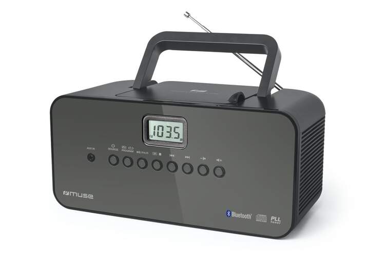 Radio CD Muse M-22 - Bluetooth, negro, Radio FM, 30 presintonías, antena telescópica