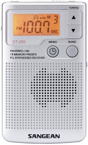 Radio bolsillo Sangean DT-250 Plata - FM/AM PLL, DBB, 19 memorias, reloj, auriculares, indic batería