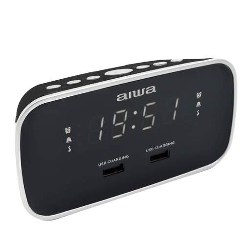 Radio Reloj AIWA CRU19BK - Radio FM, Alarma dual, carga por USB, Negro