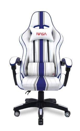 Silla Gaming Nasa Atlantis - Blanca/Azul, espuma alta densidad, brazos reclinables y altura justable