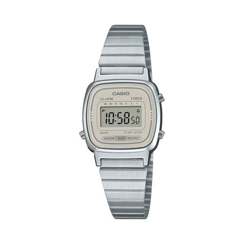 Reloj Casio Vintage LA670WEA-8AEF - Esfera digital y correa plateada, alarma y temporizador