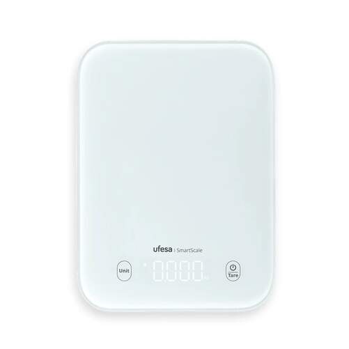 Balanza Ufesa SmartsCale - Cristal, Autodiagnóstico, Precisión 2 gramos, Hasta 5 kg, Blanco