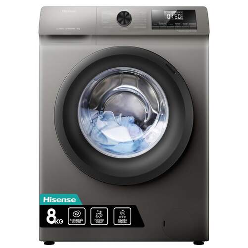 Hisense WFQP8014EVMT Lavadora 8kg Clase A - 1400r, 15 Programas, Vapor, Inverter, Acero Inox