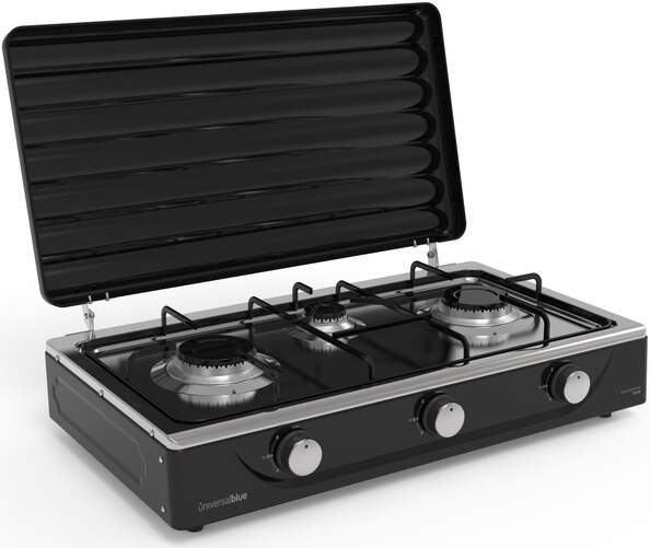 Hornillo Universal Blue 7013 - 3 fuegos, Negro, Base Inox, Con Tapa