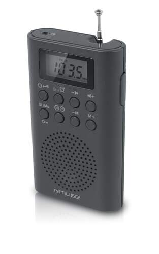 Radio Muse M-03R - FM/PLL negra, pilas, antena telescopica, toma auriculares, despertador
