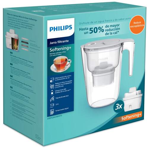 Jarra Philips AWP2943WHT3 Cal+ y 3 Cartuchos - 1,1 litros de agua filtrada, filtraci&oacute;n Maxtra