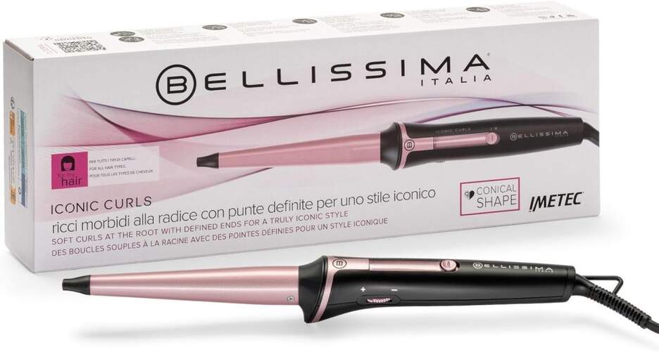 Rizador Bellissima Iconic Curls - Hasta 210&ordm; C, Cer&aacute;mico, Forma c&oacute;nica, 40 W, Negro, Rosa