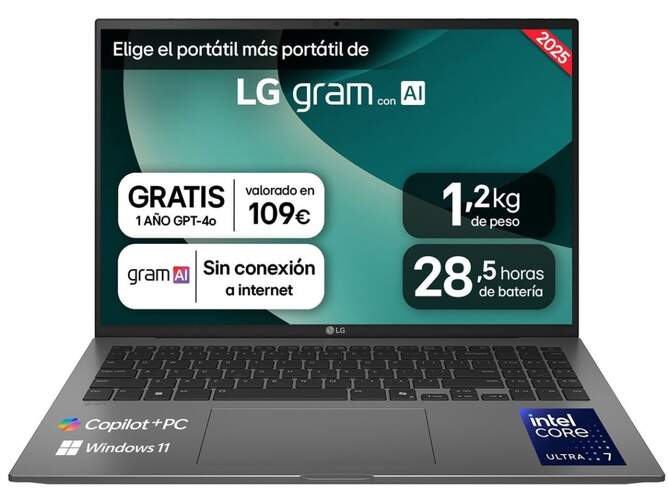 Port&aacute;til LG Gram 16Z90TL-G.AU88B - 16" WQXGA, Intel Ultra 7, 32 GB RAM, 1 TB SSD, Windows 11 Home